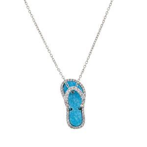 New .925 Sterling Silver Palm Tree Flip Flop Pendant Necklace, Blue Turquoise
